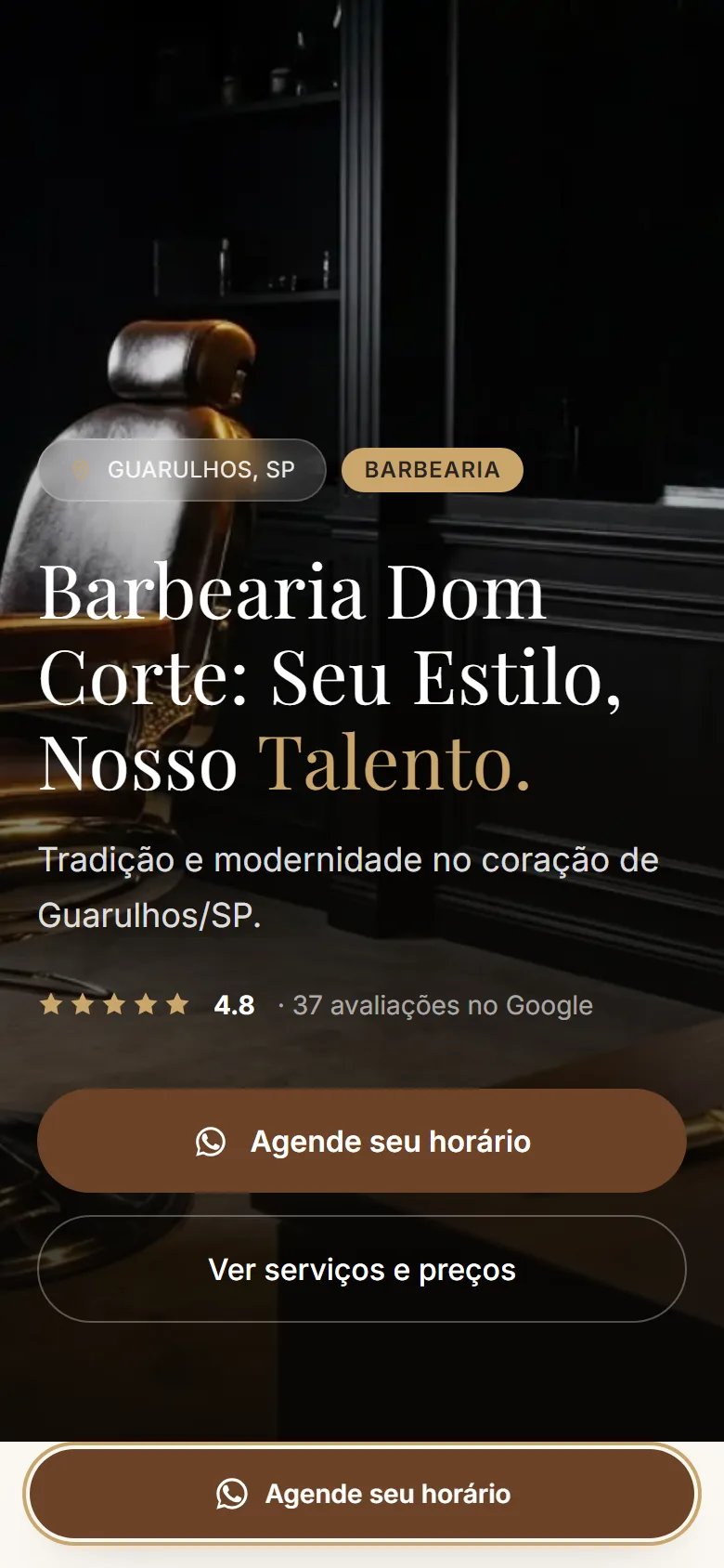 Demonstração de site de barbearia criada pela superpágina, aberta em um celular